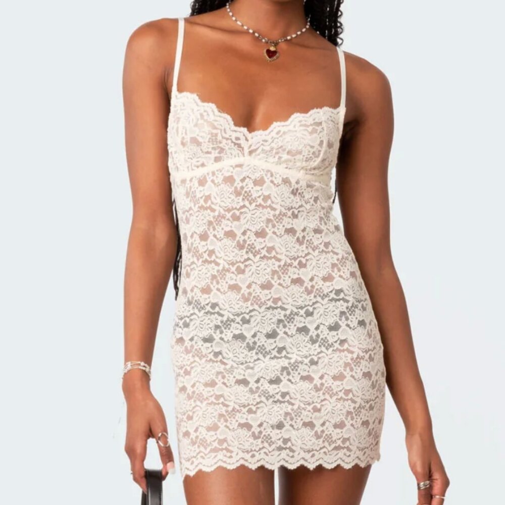 EDIKTED MELIA SHEER LACE CREAM MINI DRESS XS